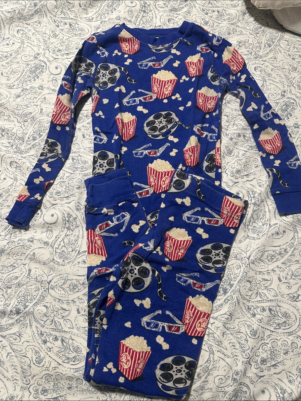 Kids Blue Movie Night Pajama Set with Popcorn & Film Print
